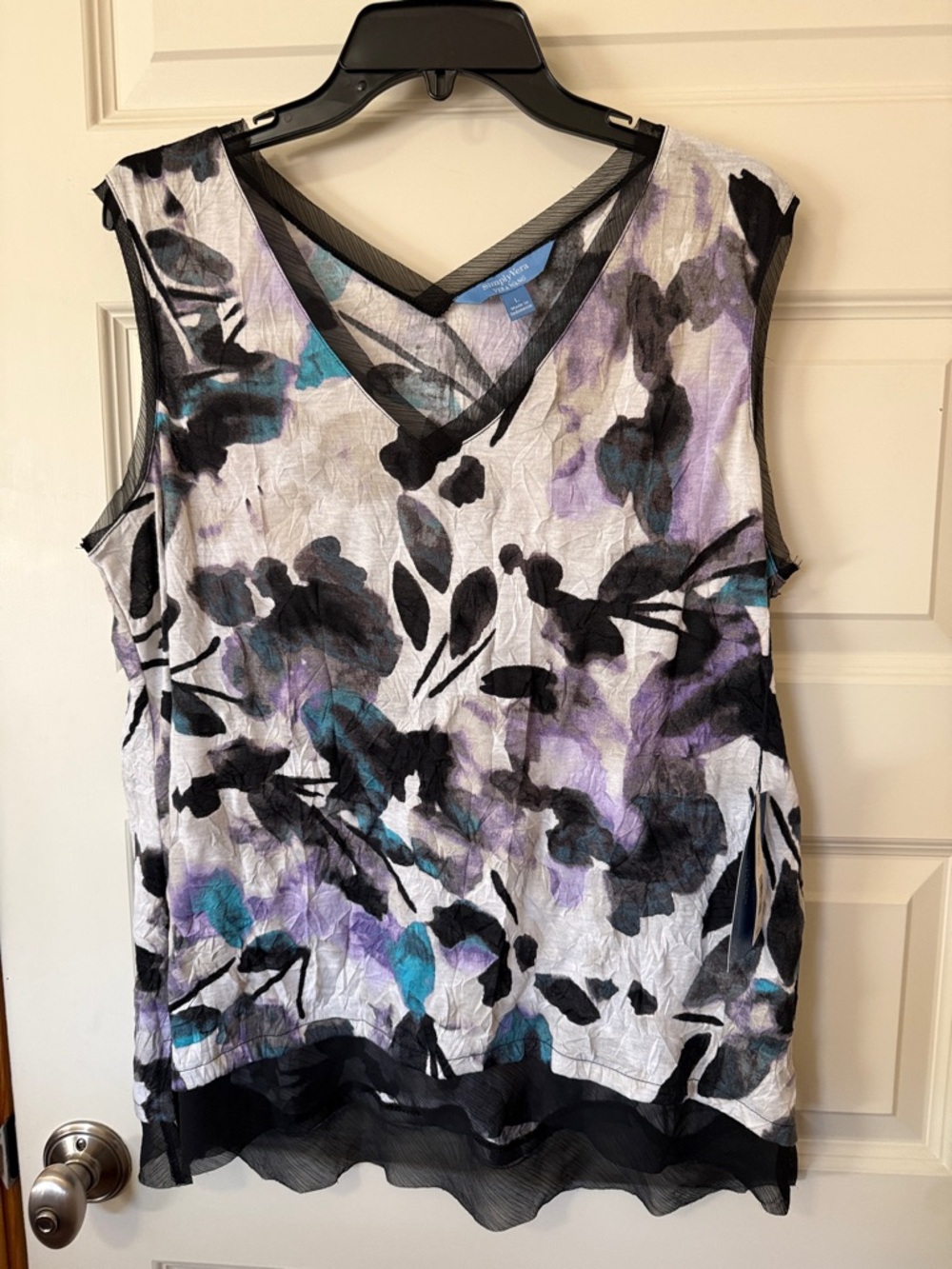 Vera Wang Black, White, Purple & Teal Floral V-Neck Tank